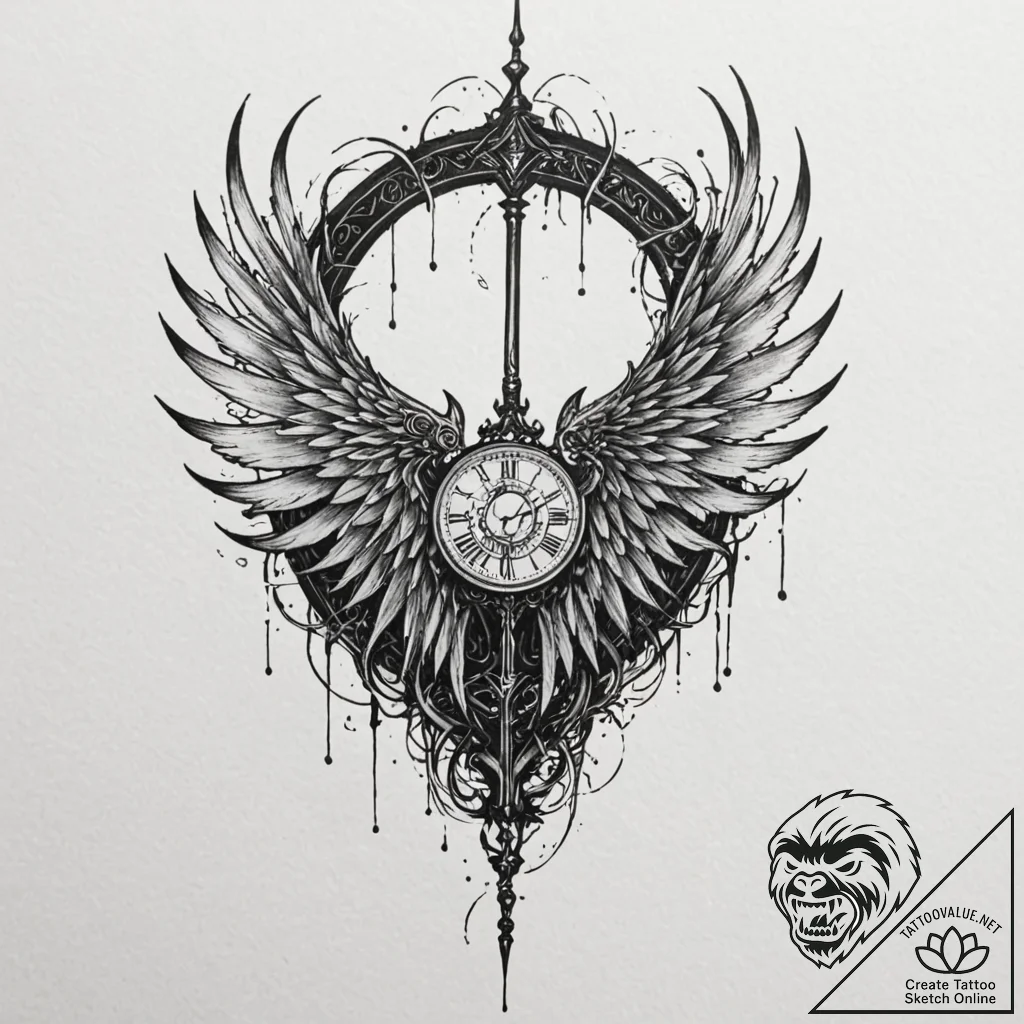 Graven wings beneath shattered gate, tattoo s... - tattoo sketch (№1753269719_0, 23.07.2025 11:21) — tattoovalue.net