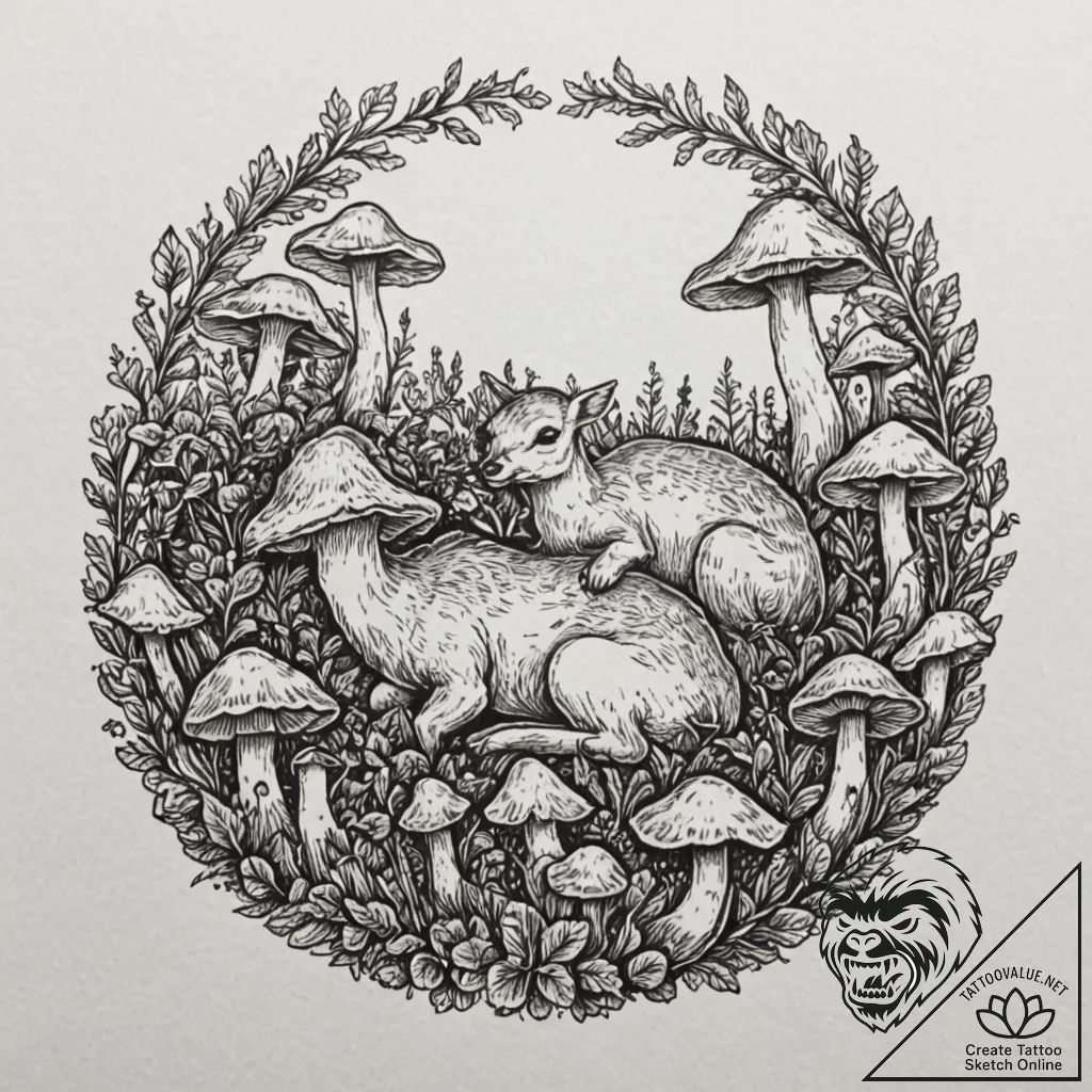 Fawn sleeping in a circle of mushrooms, artis... - tattoo sketch (№1753269900_0, 23.07.2025 11:25) — tattoovalue.net