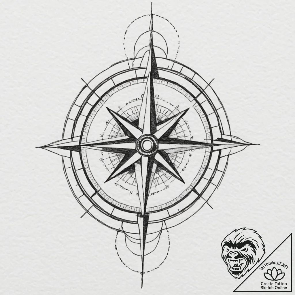 Compass rose from an old nautical chart, tatt... - tattoo sketch (№1753269984_0, 23.07.2025 11:26) — tattoovalue.net