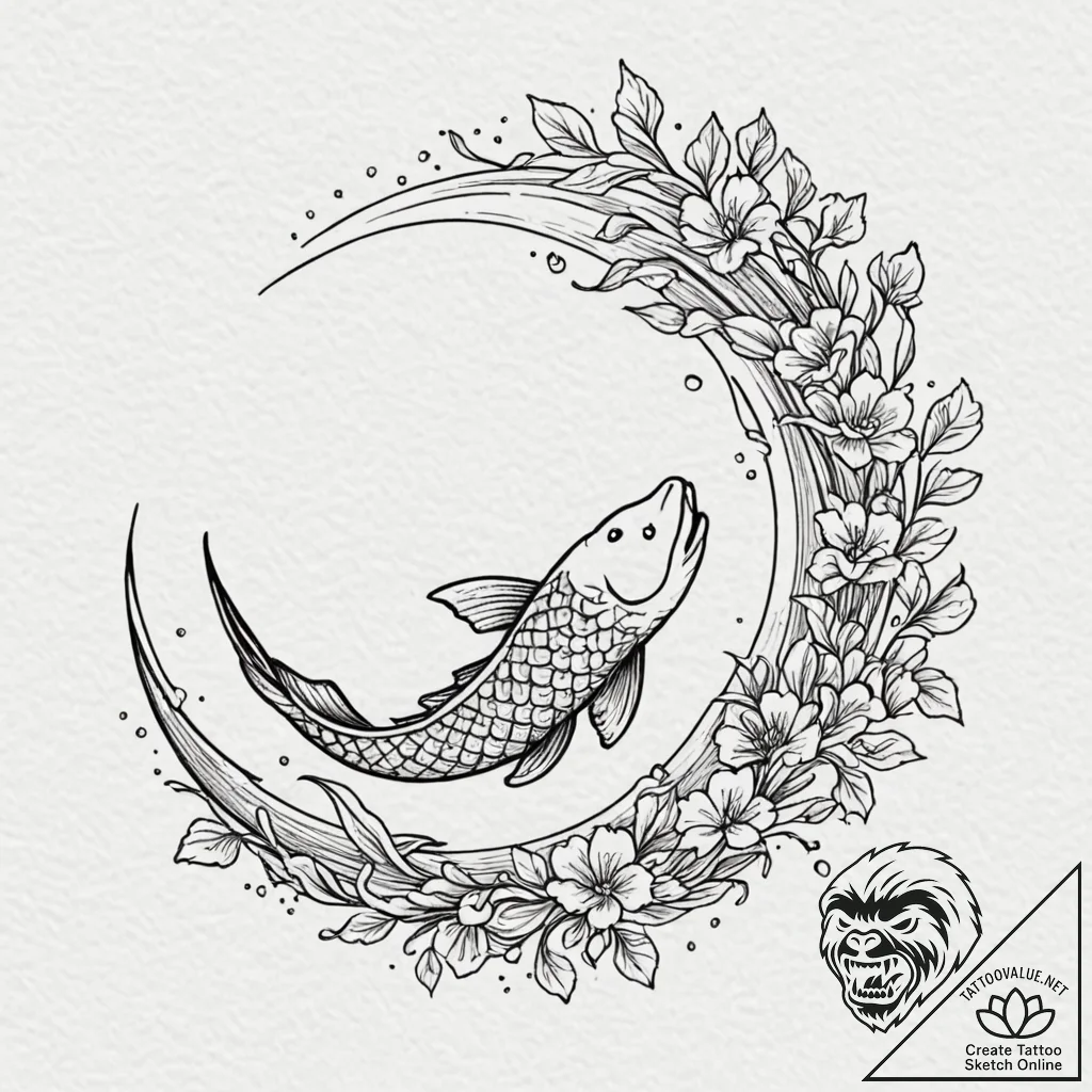 Koi leaping across crescent moon, concept art... - tattoo sketch (№1753270389_0, 23.07.2025 11:33) — tattoovalue.net
