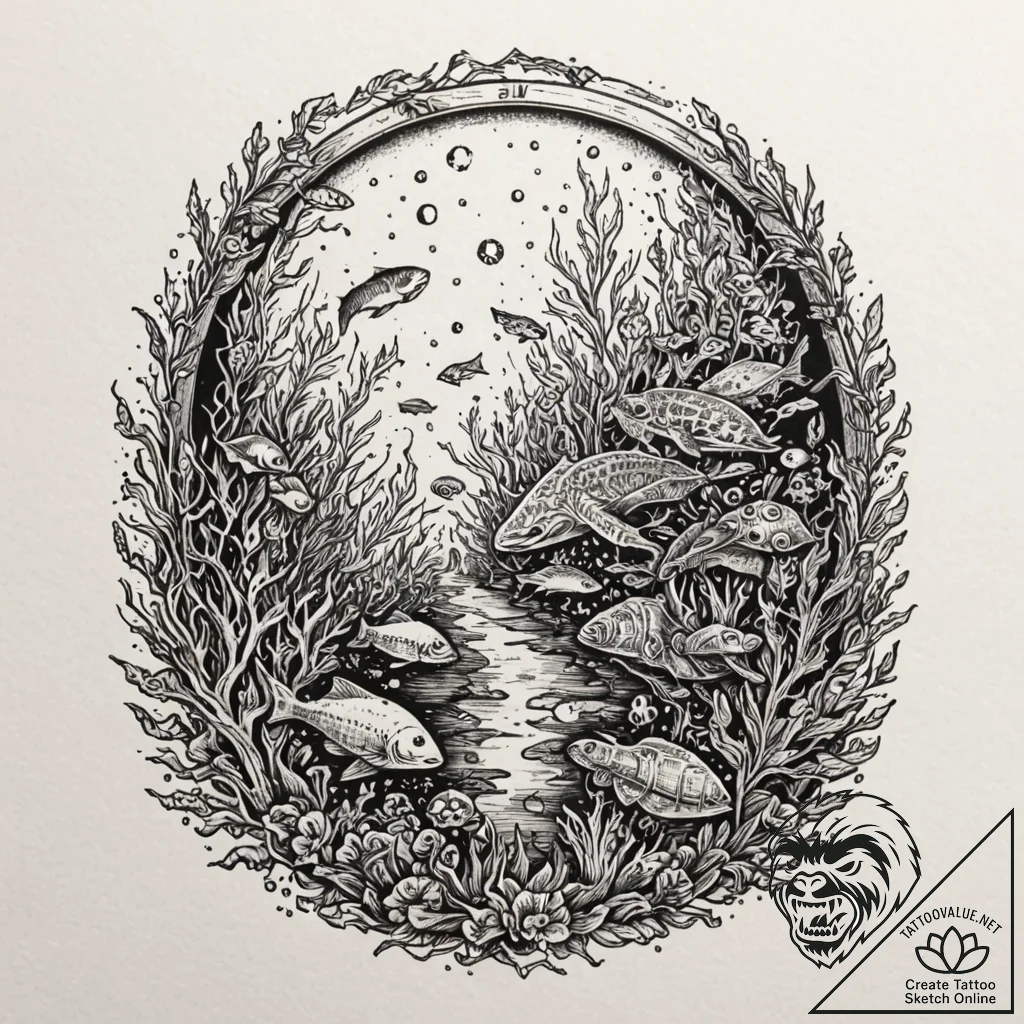 An underwater aquarium tunnel, surrounded by... - tattoo sketch (№1753270571_0, 23.07.2025 11:36) — tattoovalue.net