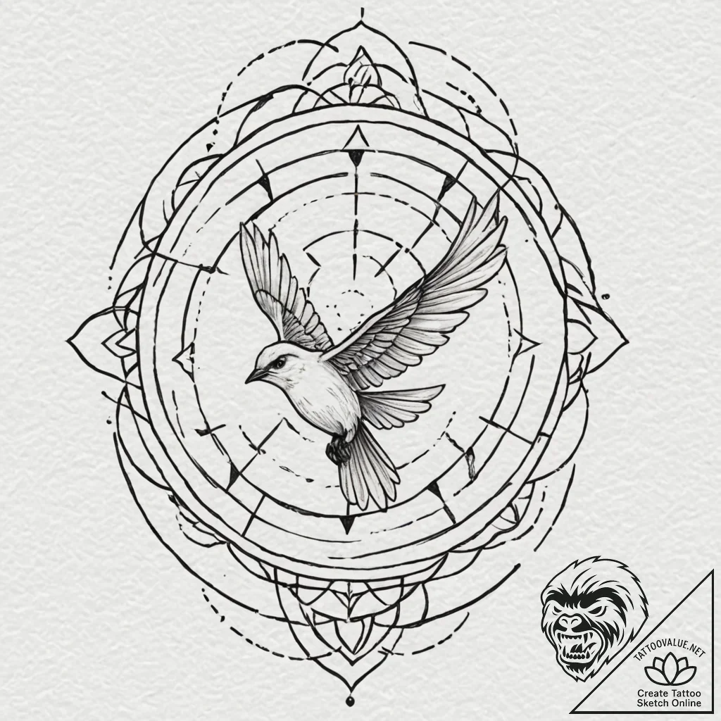 A whimsical bird in flight with a scroll, mes... - tattoo sketch (№1753271019_0, 23.07.2025 11:43) — tattoovalue.net