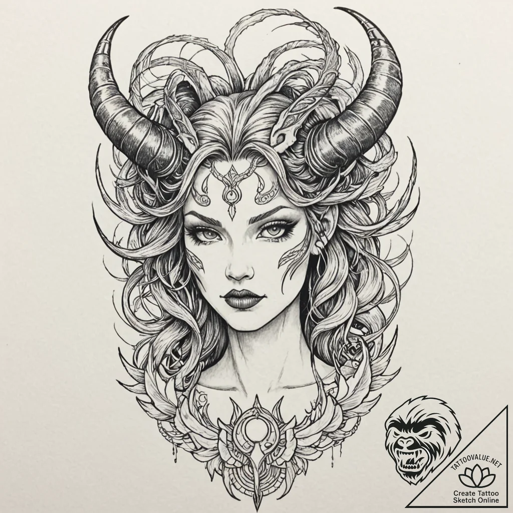 Lilith depicted as a cybernetic demoness, art... - tattoo sketch (№1753271377_0, 23.07.2025 11:49) — tattoovalue.net
