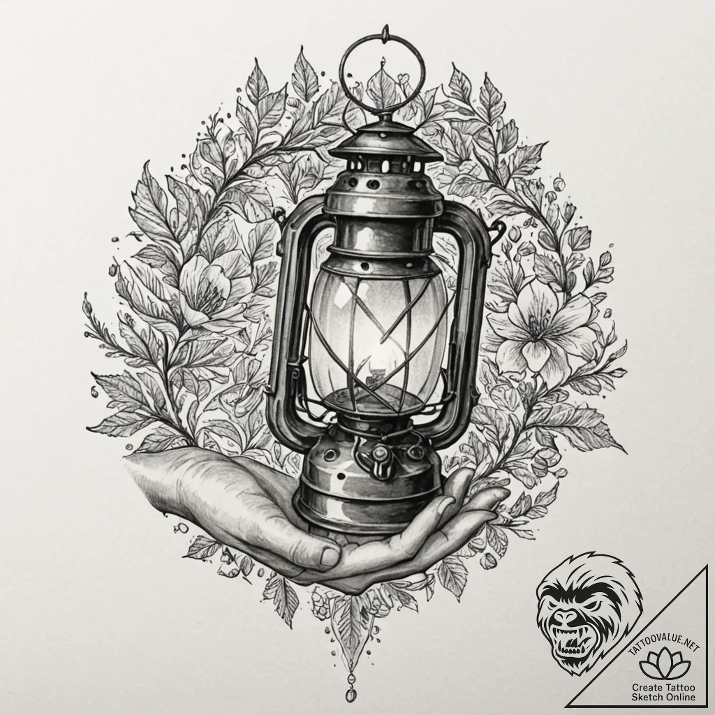 Lantern gripped by spectral hand, concept art... - tattoo sketch (№1753271545_0, 23.07.2025 11:52) — tattoovalue.net