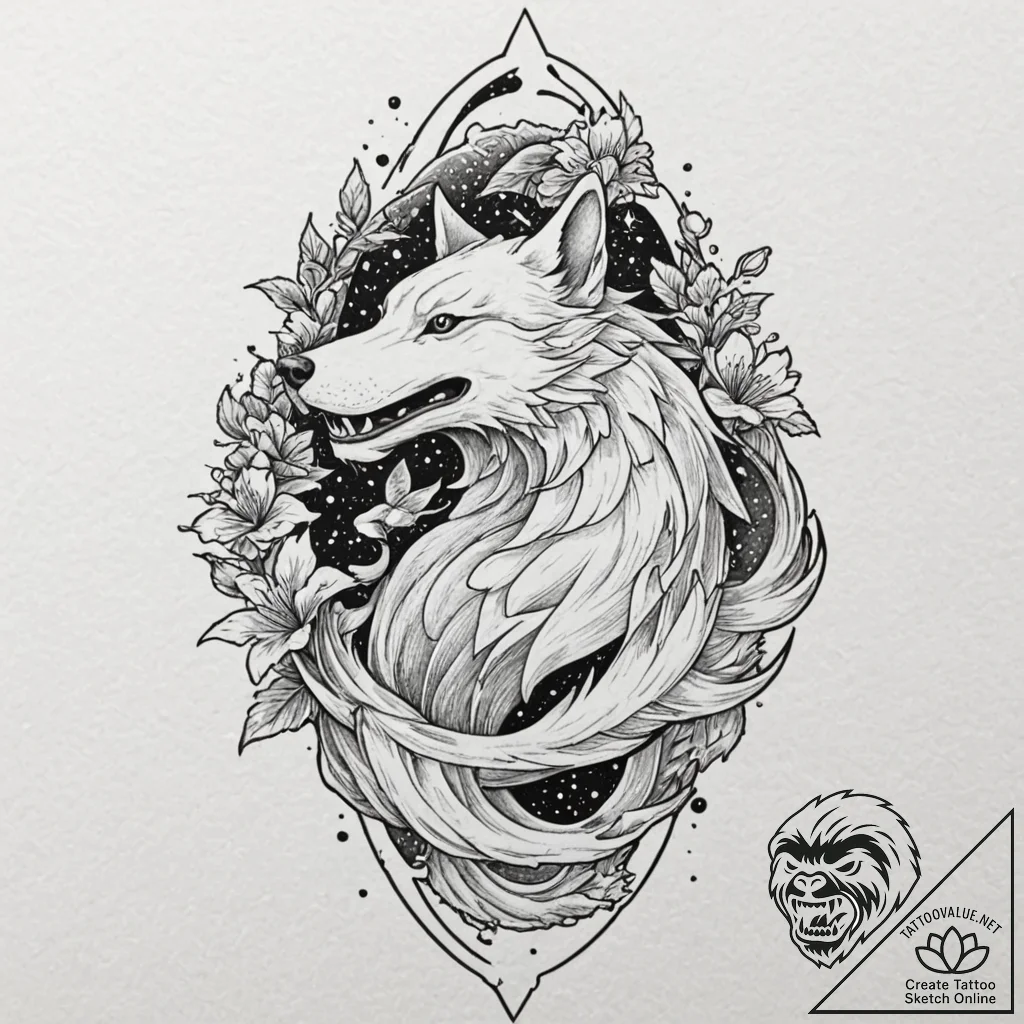 Astral wolf with galaxy fur, tattoo flash she... - tattoo sketch (№1753273167_0, 23.07.2025 12:19) — tattoovalue.net