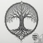 Yggdrasil’s roots wrapping around a glowing r… – tattoo sketch (№1753273431_0, 23.07.2025 12:23) — tattoovalue.net
