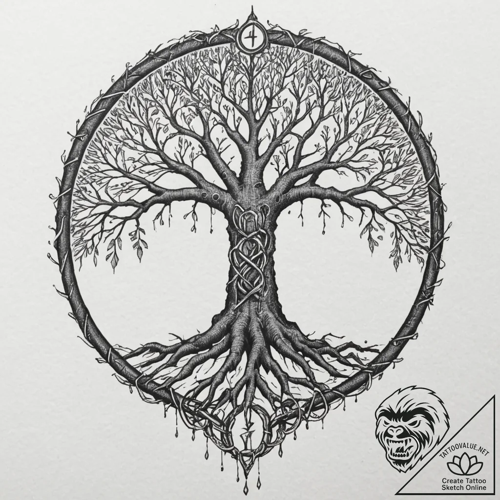 Yggdrasil's roots wrapping around a glowing r... - tattoo sketch (№1753273431_0, 23.07.2025 12:23) — tattoovalue.net