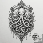 Kraken devouring sunken bells, tattoo drawing… – tattoo sketch (№1753273612_0, 23.07.2025 12:26) — tattoovalue.net