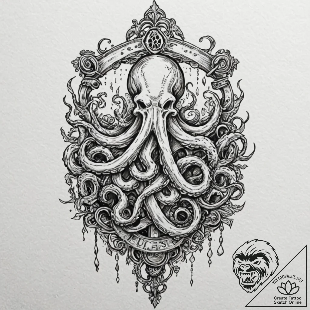 Kraken devouring sunken bells, tattoo drawing... - tattoo sketch (№1753273612_0, 23.07.2025 12:26) — tattoovalue.net