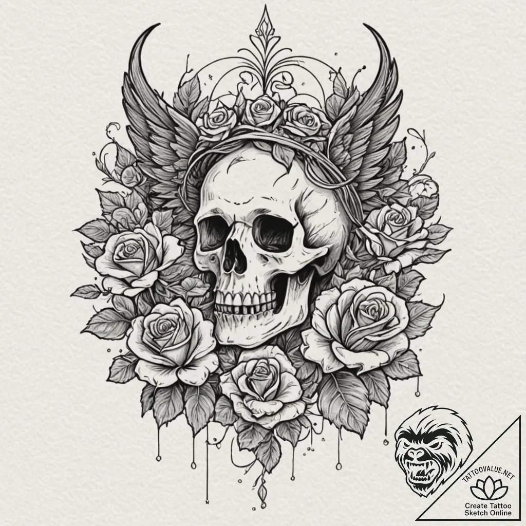 Ghost wings crowned in ivy, ink illustration... - tattoo sketch (№1753273693_0, 23.07.2025 12:28) — tattoovalue.net
