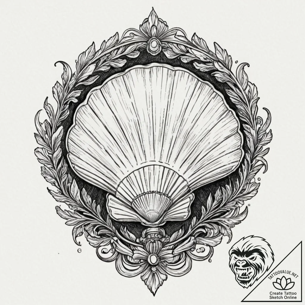 Shell, tattoo line art, detailed cross-hatchi... - tattoo sketch (№1753274234_0, 23.07.2025 12:37) — tattoovalue.net