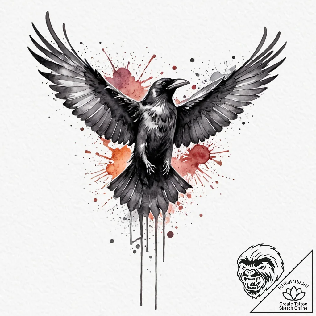 Ink splatter forming a raven, tattoo drawing... - tattoo sketch (№1753274406_0, 23.07.2025 12:40) — tattoovalue.net