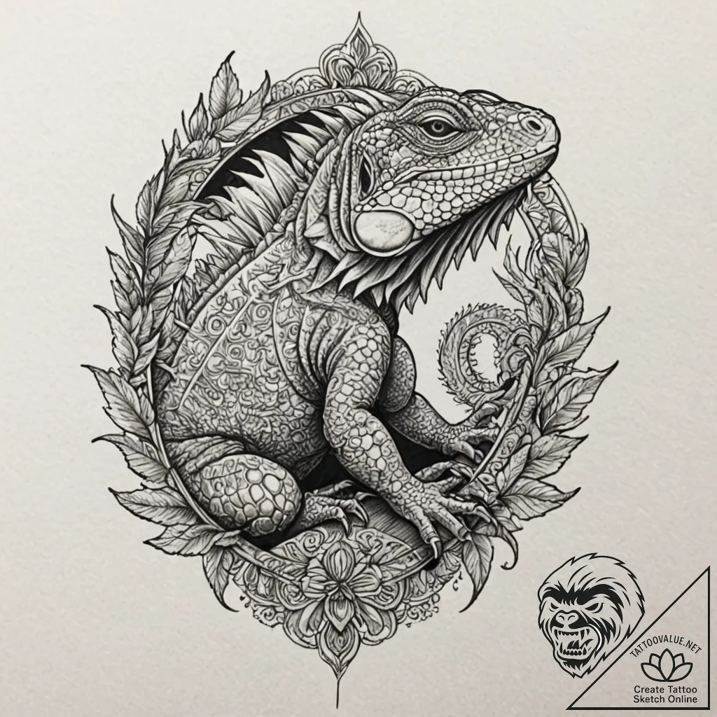 Iguana with armored, rock-like skin, tattoo s... - tattoo sketch (№1753274502_0, 23.07.2025 12:41) — tattoovalue.net