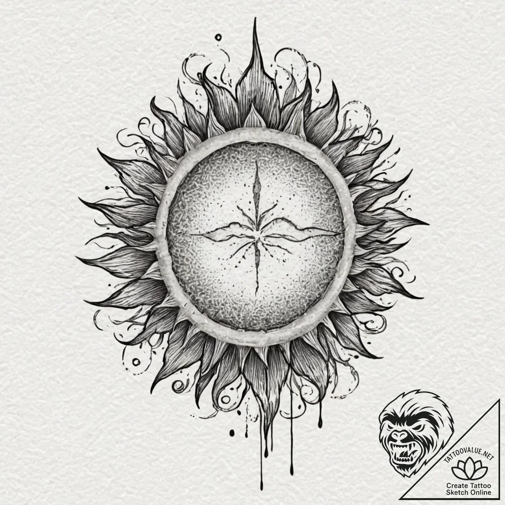 Burning sun eclipsed by smoke, artistic tatto... - tattoo sketch (№1753274583_0, 23.07.2025 12:43) — tattoovalue.net