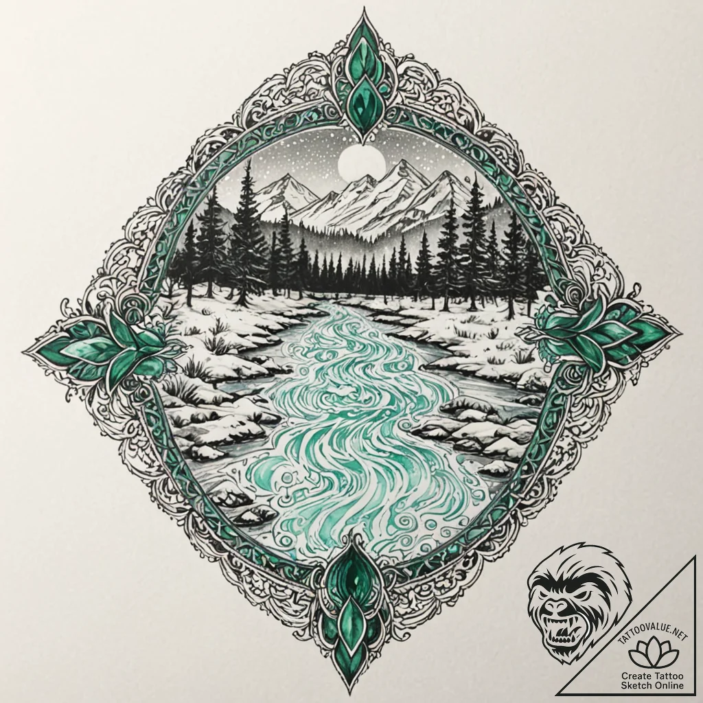 Emerald flame beneath frozen river, concept a... - tattoo sketch (№1753274849_0, 23.07.2025 12:47) — tattoovalue.net
