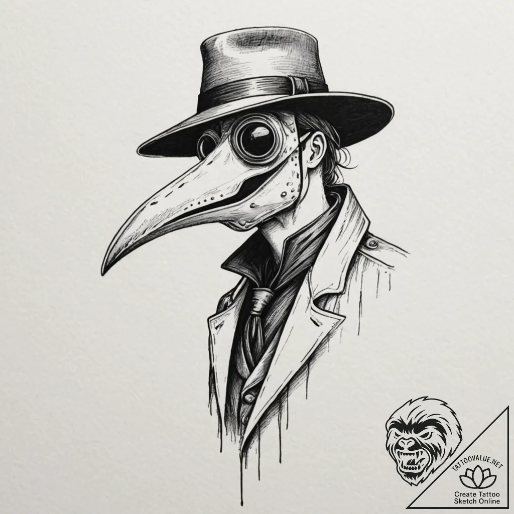 Plague doctor beneath crimson sky, tattoo dra... - tattoo sketch (№1753274943_0, 23.07.2025 12:49) — tattoovalue.net