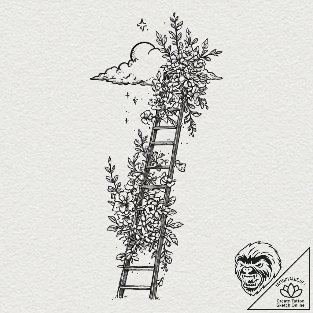 Ladder of flowers reaching up to a cloud, ink... - tattoo sketch (№1753275225_0, 23.07.2025 12:53) — tattoovalue.net