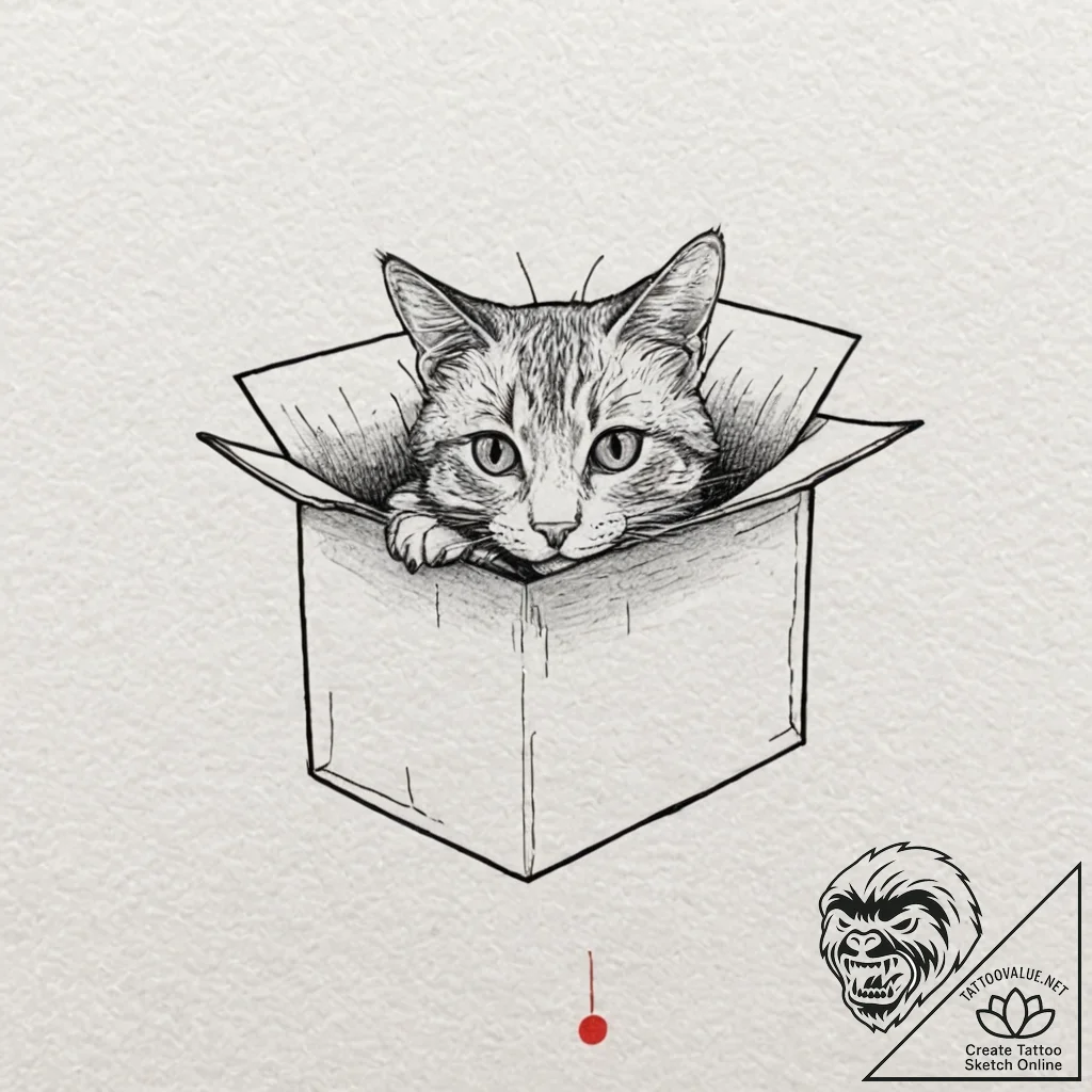 Schrodinger's cat in a box, ink illustration... - tattoo sketch (№1753275314_0, 23.07.2025 12:55) — tattoovalue.net