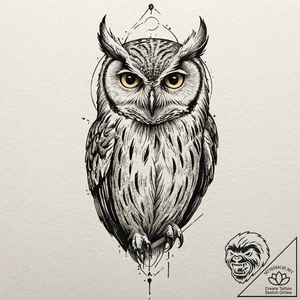Owl gaze beneath spectral rift, artistic tatt... - tattoo sketch (№1753275488_0, 23.07.2025 12:58) — tattoovalue.net