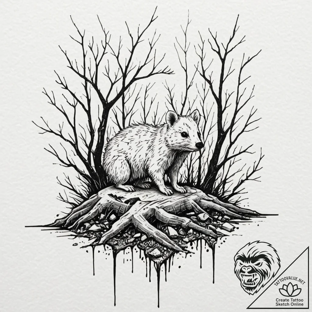Quokka bones beneath spectral roots, tattoo l... - tattoo sketch (№1753276193_0, 23.07.2025 13:09) — tattoovalue.net