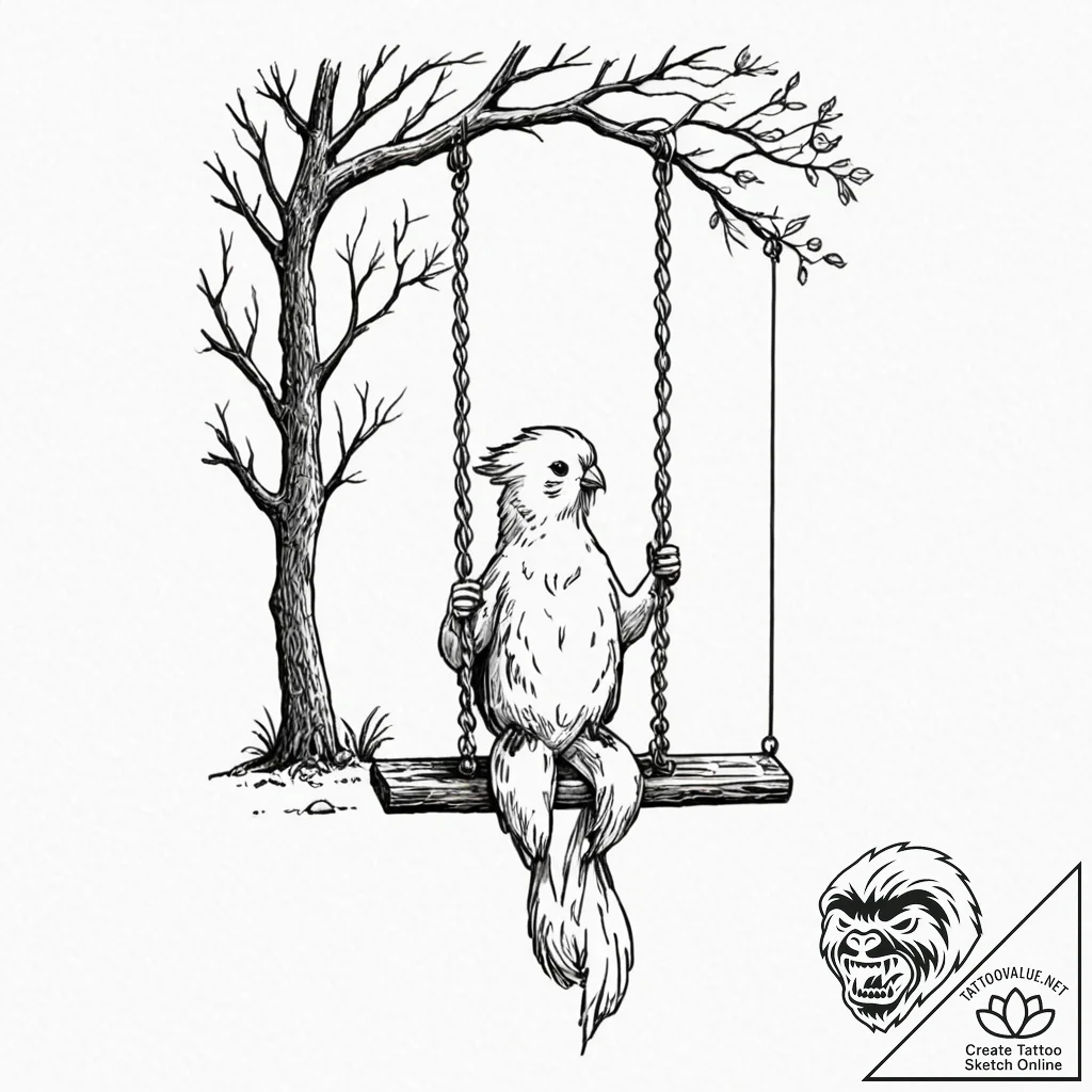 A whimsical bird on a swing in a tree, playfu... - tattoo sketch (№1753276790_0, 23.07.2025 13:19) — tattoovalue.net