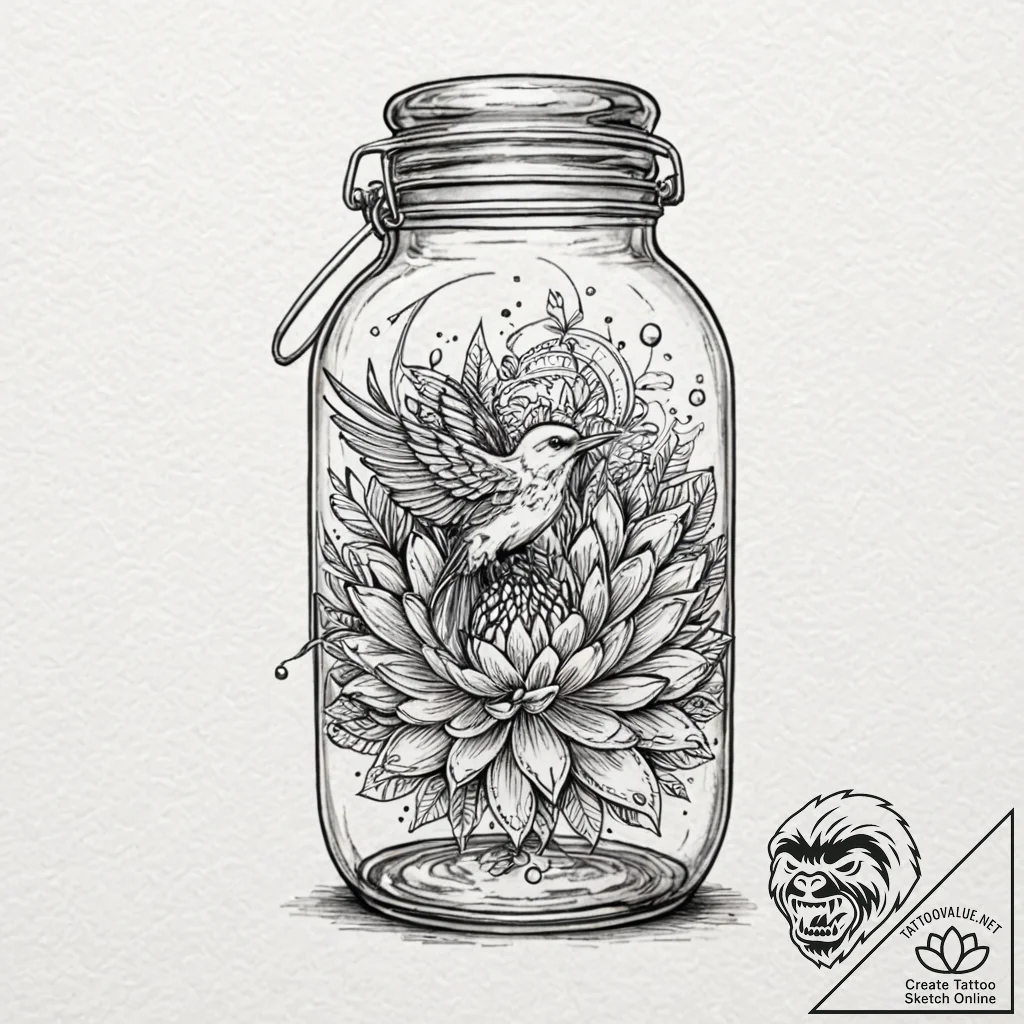 A whimsical bird in a glass jar, trapped,, in... - tattoo sketch (№1753277159_0, 23.07.2025 13:25) — tattoovalue.net