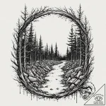 Doorway in a forest opening to a cosmic scene… – tattoo sketch (№1753277948_0, 23.07.2025 13:39) — tattoovalue.net