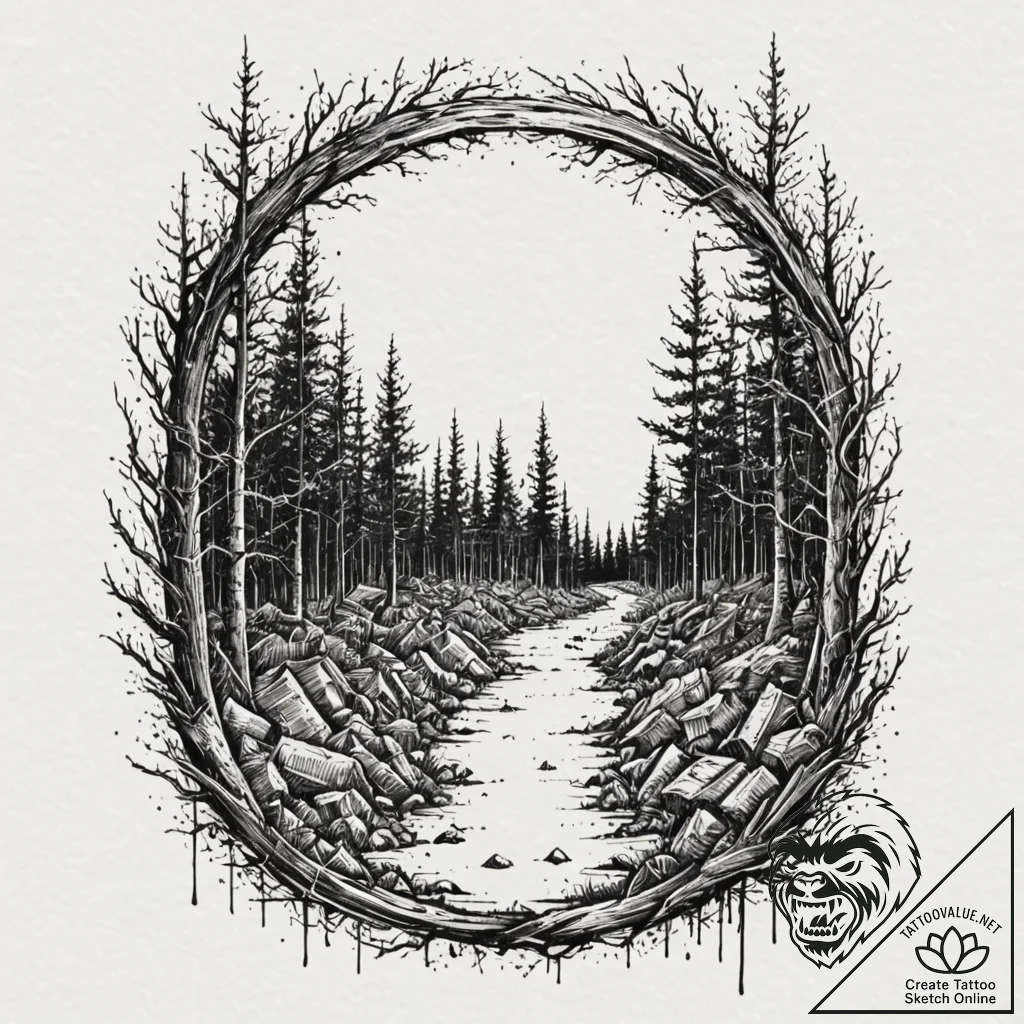 Doorway in a forest opening to a cosmic scene... - tattoo sketch (№1753277948_0, 23.07.2025 13:39) — tattoovalue.net