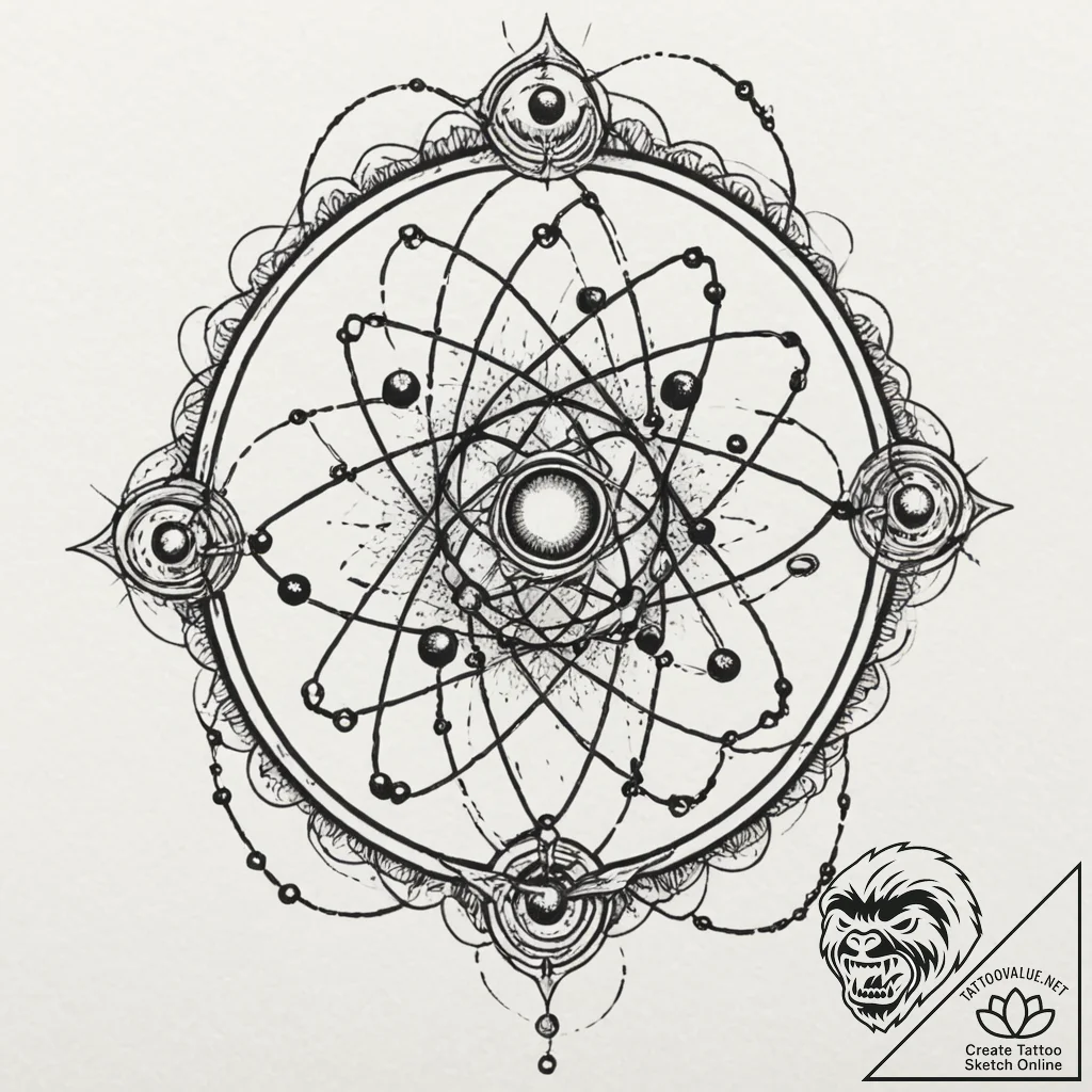 Atomic chains in digital space, ink illustrat... - tattoo sketch (№1753278816_0, 23.07.2025 13:53) — tattoovalue.net