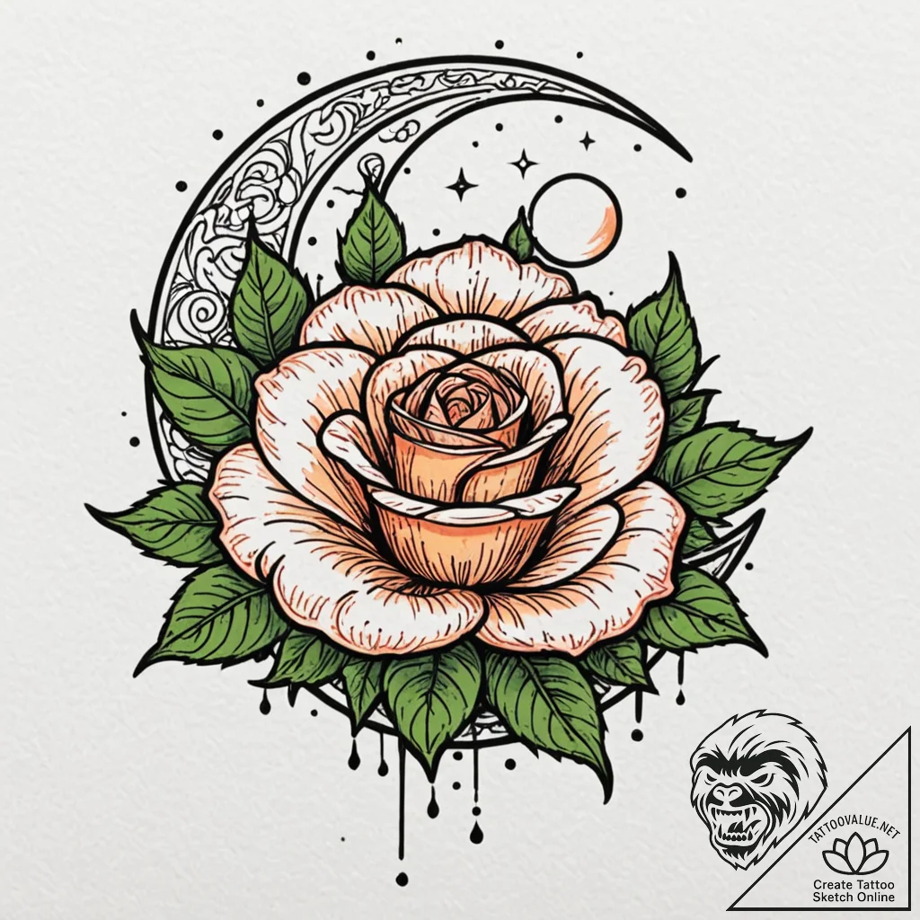 Rose blossom beneath spectral moon, tattoo li... - tattoo sketch (№1753278981_0, 23.07.2025 13:56) — tattoovalue.net