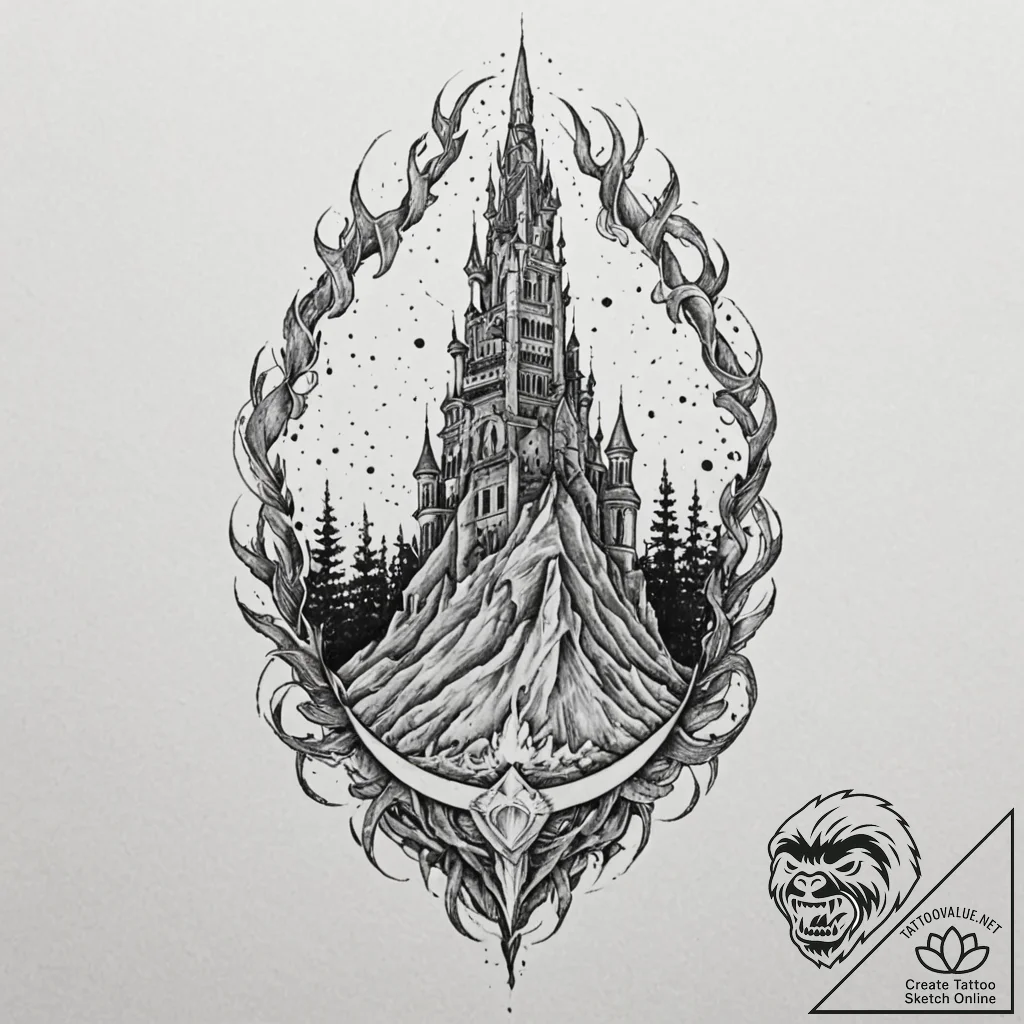 Untamed flame beneath shattered spire, tattoo... - tattoo sketch (№1753279165_0, 23.07.2025 13:59) — tattoovalue.net