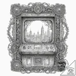 Abandoned arcade machine, its screen a portal… – tattoo sketch (№1753279936_0, 23.07.2025 14:12) — tattoovalue.net