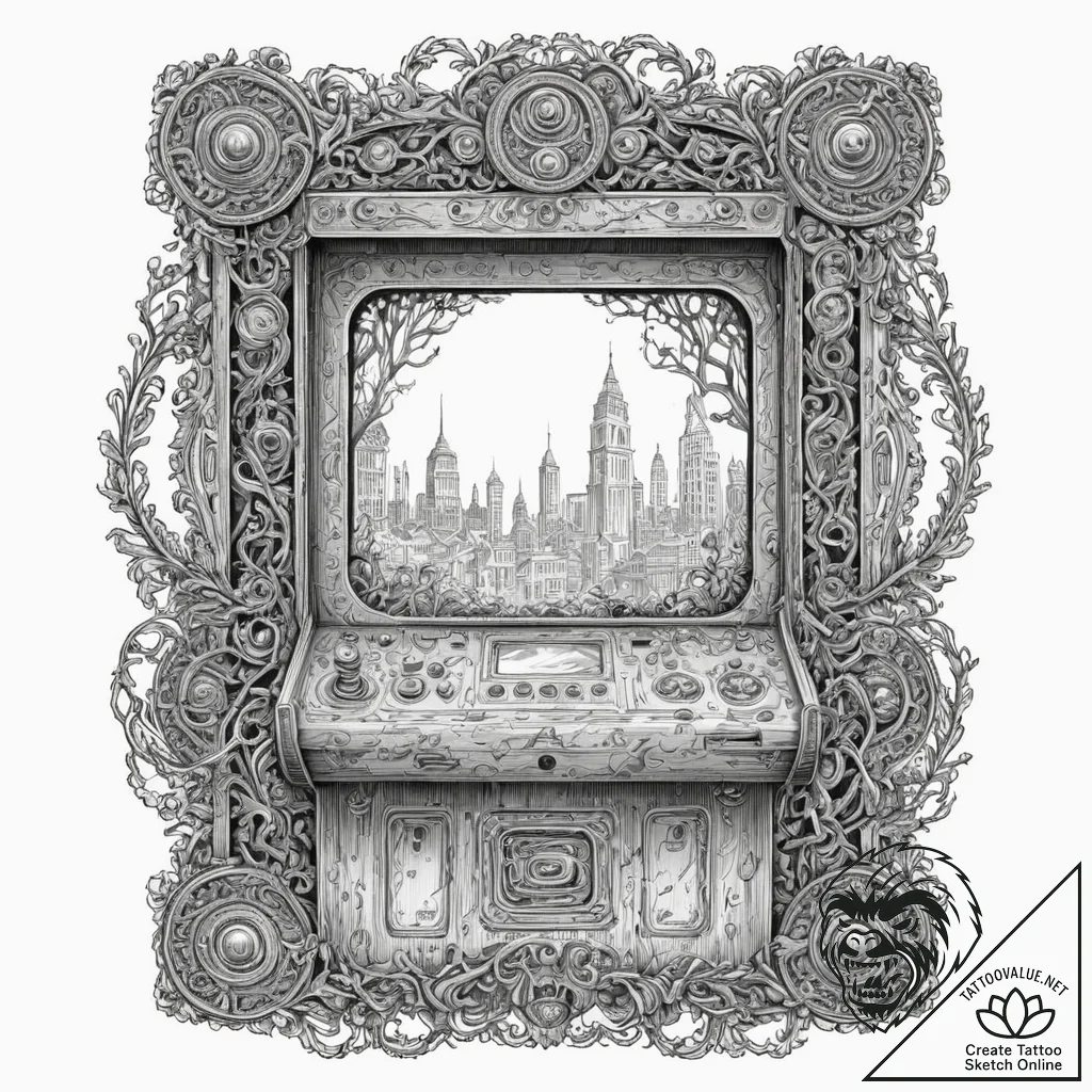 Abandoned arcade machine, its screen a portal... - tattoo sketch (№1753279936_0, 23.07.2025 14:12) — tattoovalue.net