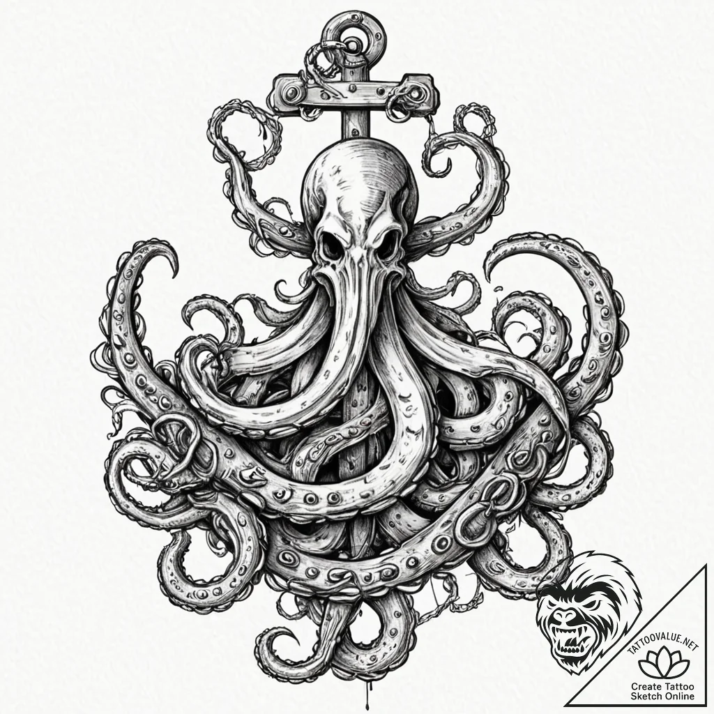 Anchor wrapped in a kraken's tentacle, pullin... - tattoo sketch (№1753280797_0, 23.07.2025 14:26) — tattoovalue.net