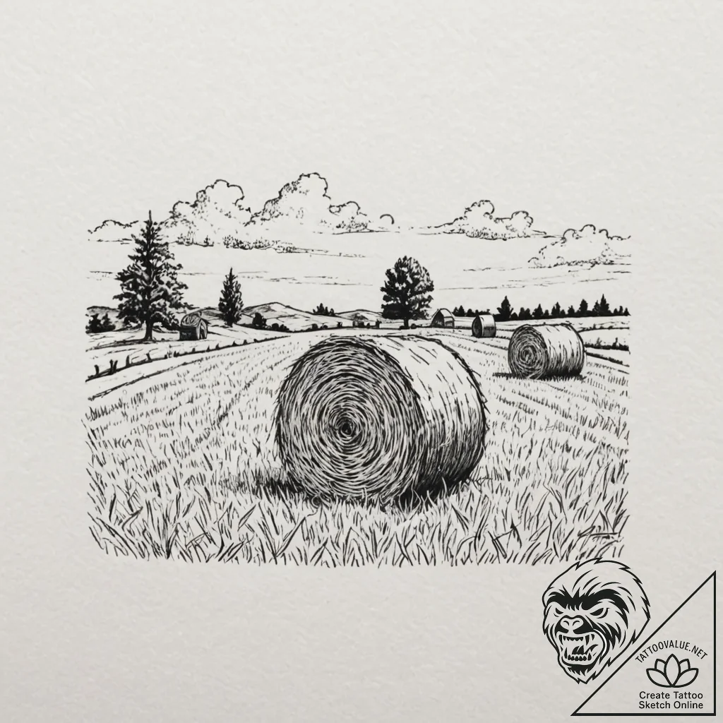 A detailed bale of hay field, vast,, artistic... - tattoo sketch (№1753280884_0, 23.07.2025 14:28) — tattoovalue.net