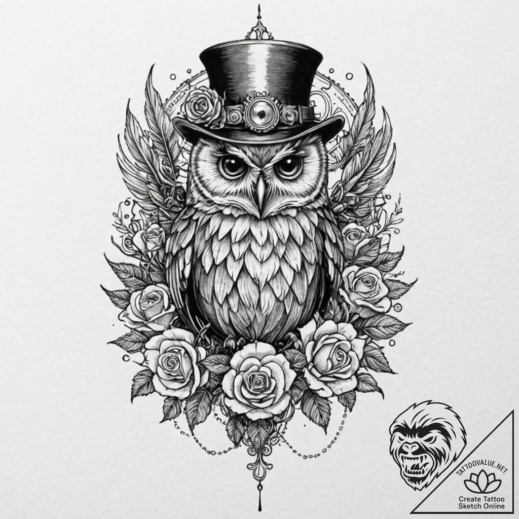 Steampunk owl with gear-feathers, ink illustr... - tattoo sketch (№1753281408_0, 23.07.2025 14:36) — tattoovalue.net