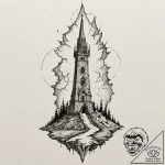 Nightfall relic beneath shattered spire, ink… – tattoo sketch (№1753281500_0, 23.07.2025 14:38) — tattoovalue.net