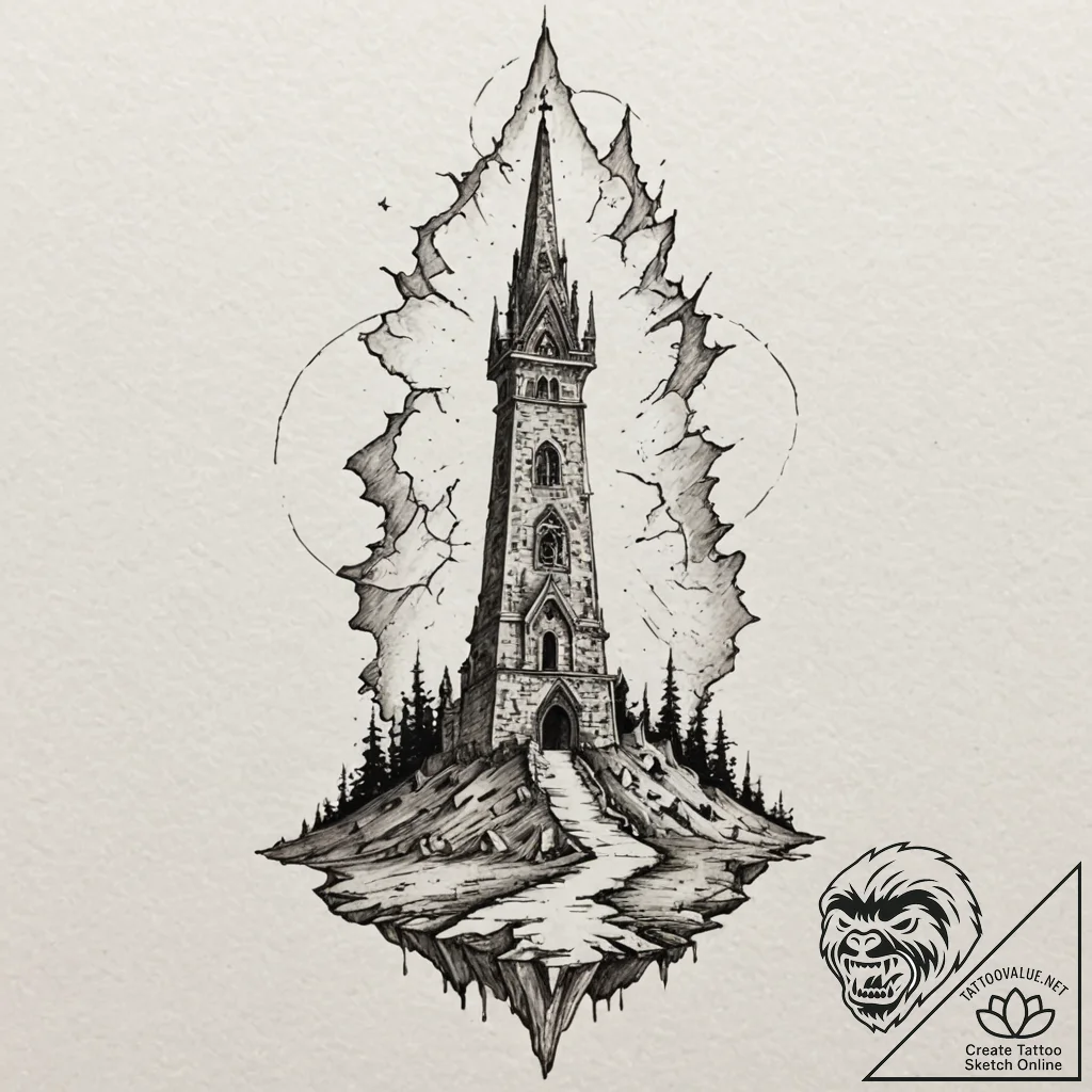 Nightfall relic beneath shattered spire, ink... - tattoo sketch (№1753281500_0, 23.07.2025 14:38) — tattoovalue.net