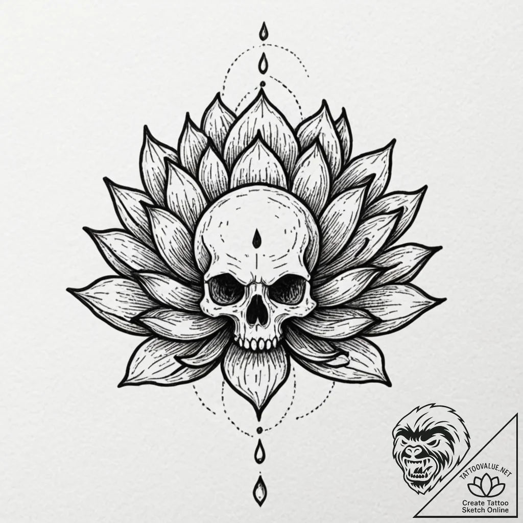 Skull with a lotus growing from its eye socke... - tattoo sketch (№1753281934_0, 23.07.2025 14:45) — tattoovalue.net