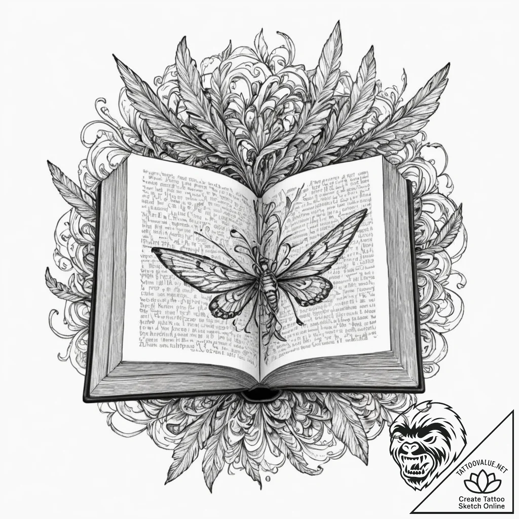 A whimsical book opening with flying pages, s... - tattoo sketch (№1753282470_0, 23.07.2025 14:54) — tattoovalue.net