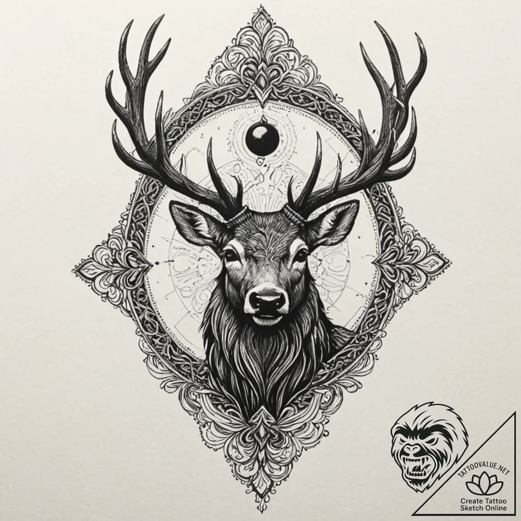 Black stag crowned in obsidian, tattoo sketch... - tattoo sketch (№1753283353_0, 23.07.2025 15:09) — tattoovalue.net