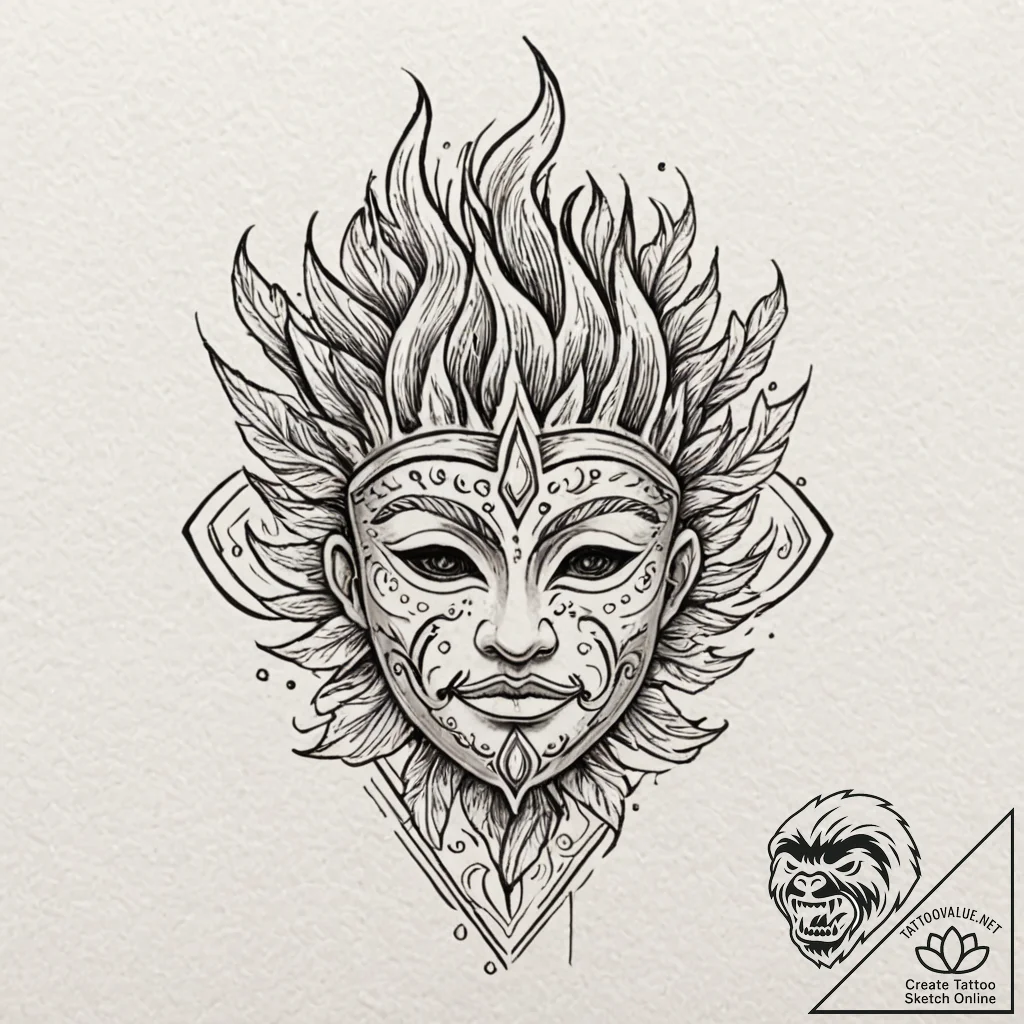 Oak mask beneath ritual fire, tattoo line art... - tattoo sketch (№1753283952_0, 23.07.2025 15:19) — tattoovalue.net