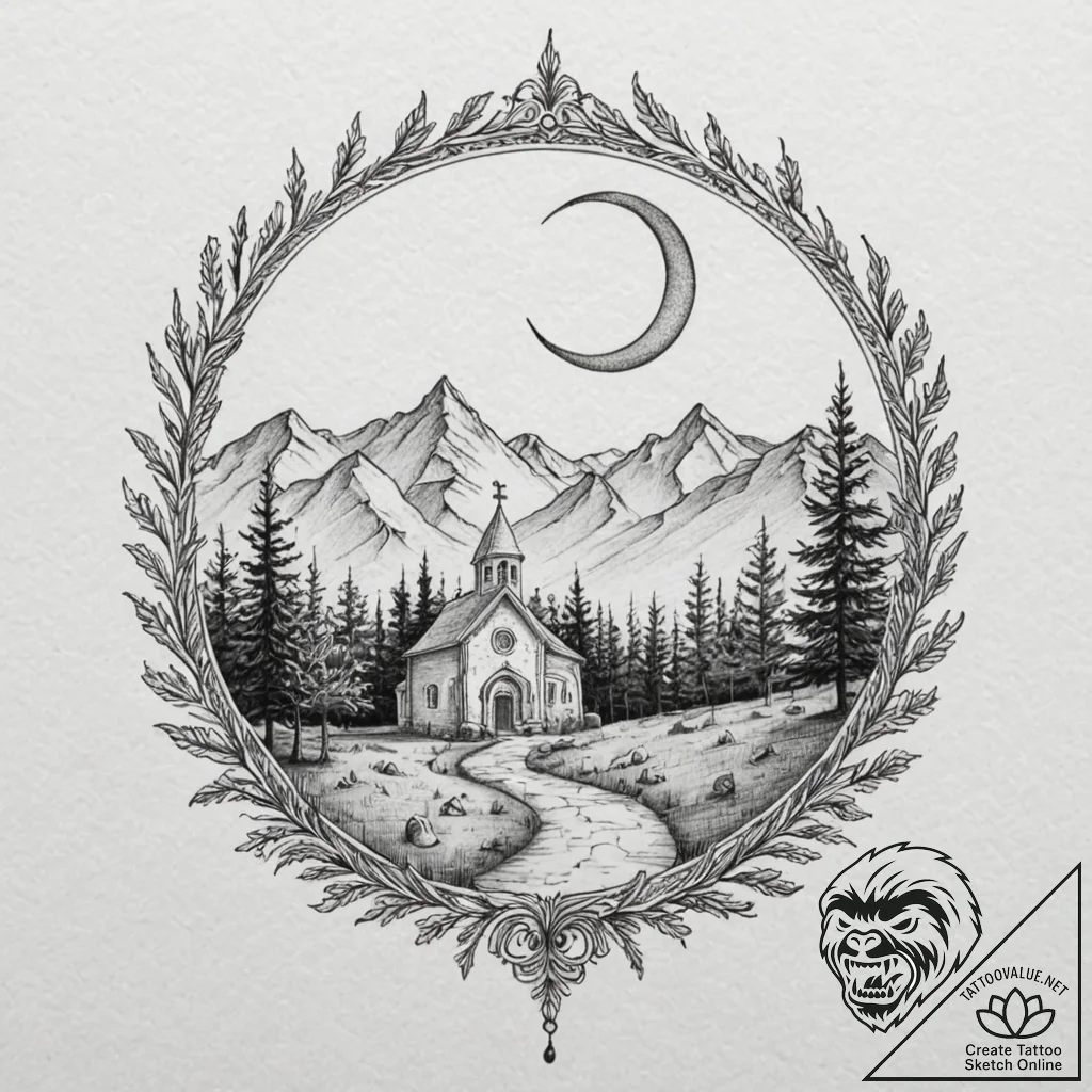 Monastery beneath spectral eclipse, tattoo li... - tattoo sketch (№1753284159_0, 23.07.2025 15:22) — tattoovalue.net