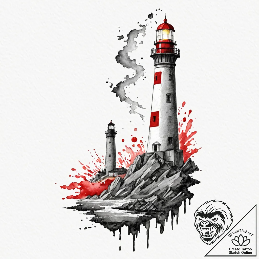 Lighthouse crumbling in spectral storm, ink i... - tattoo sketch (№1753284320_0, 23.07.2025 15:25) — tattoovalue.net