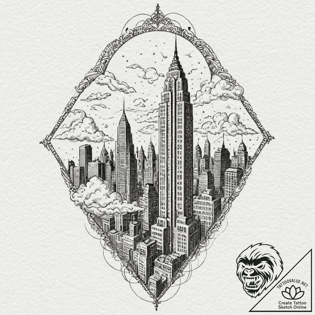 An art deco skyscraper piercing the clouds in... - tattoo sketch (№1753284402_0, 23.07.2025 15:26) — tattoovalue.net