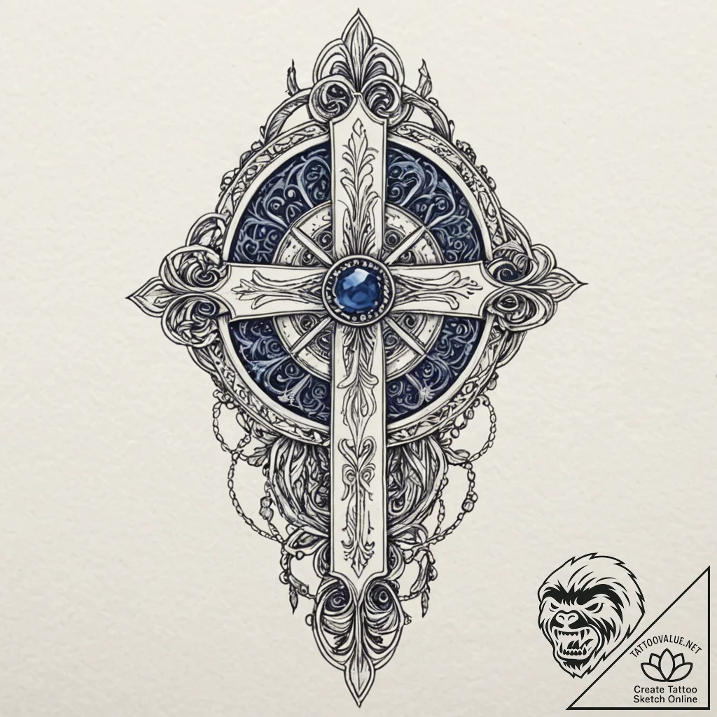 Sapphire staff crowned with bone, ink illustr... - tattoo sketch (№1753285028_0, 23.07.2025 15:37) — tattoovalue.net