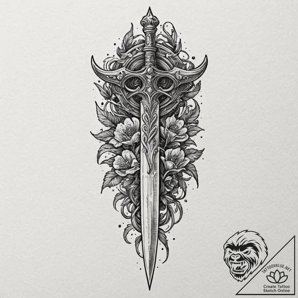 Engraved dagger resting on bones, tattoo sket... - tattoo sketch (№1753285208_0, 23.07.2025 15:40) — tattoovalue.net
