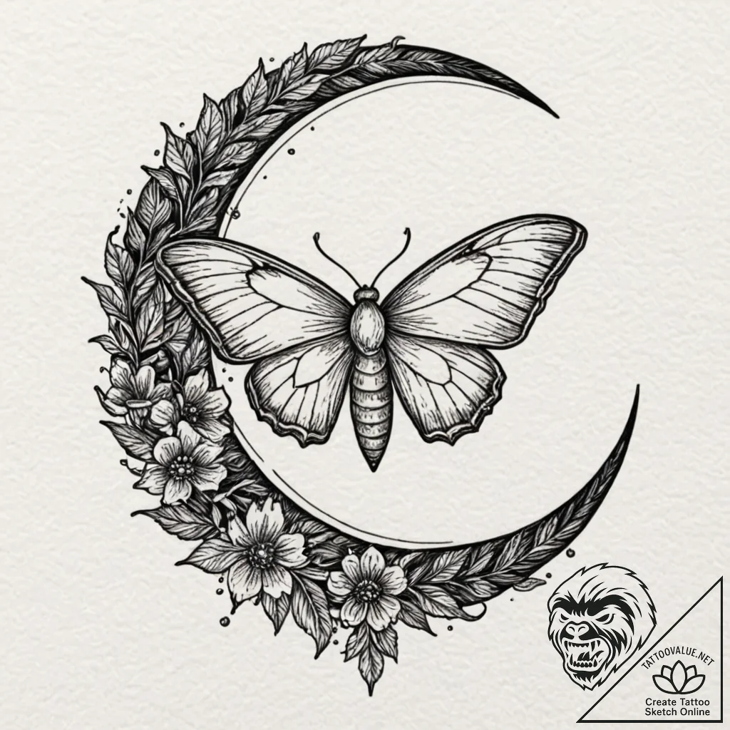 Opal moth beneath crescent moon, tattoo sketc... - tattoo sketch (№1753285299_0, 23.07.2025 15:41) — tattoovalue.net