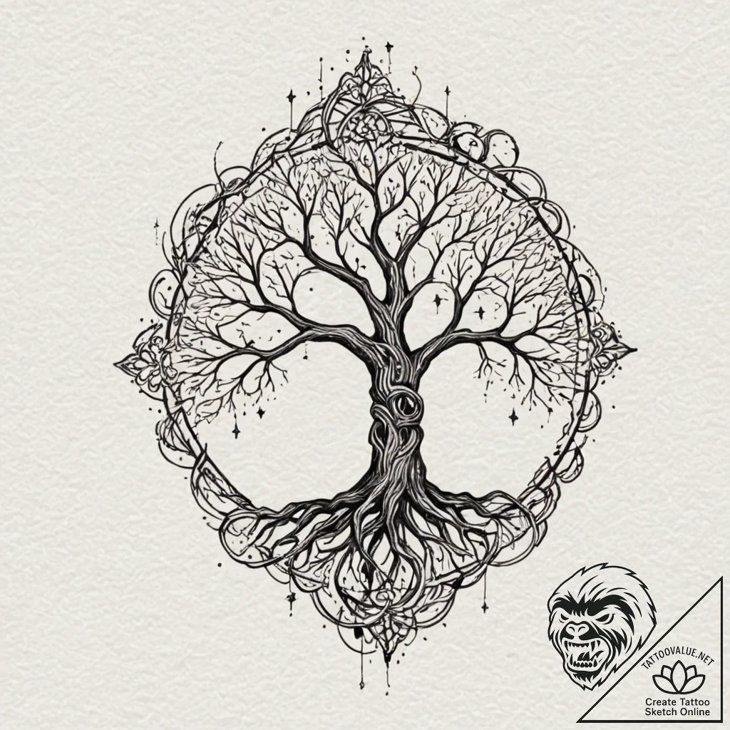Oak roots spiraling through stars, tattoo fla... - tattoo sketch (№1753285462_0, 23.07.2025 15:44) — tattoovalue.net