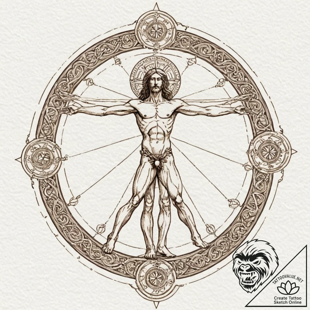 Da vinci's vitruvian man, a symbol of harmony... - tattoo sketch (№1753285543_0, 23.07.2025 15:45) — tattoovalue.net